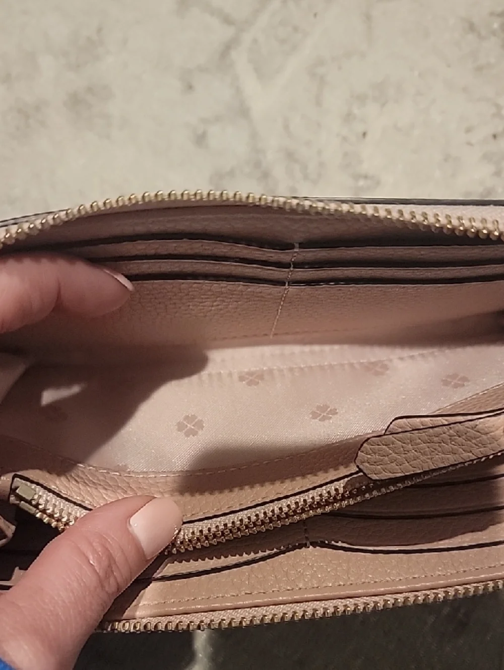 kate spade Pebbled Leather Zip Wallet in Blush Pink with Pink And Gold Spade